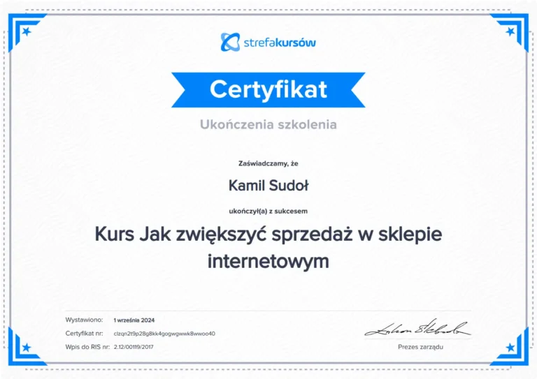 Szósty Certyfikat Kamil Sudoł Rzeszów