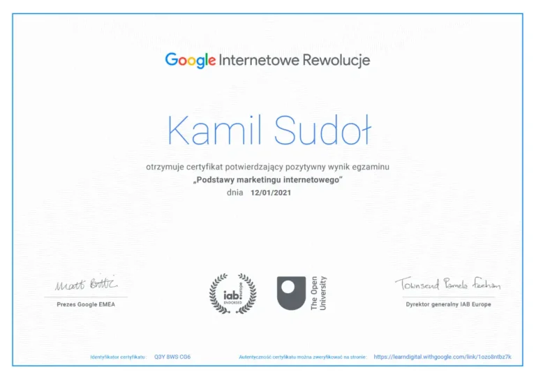 Google Certyfikat Kamil Sudoł Rzeszów