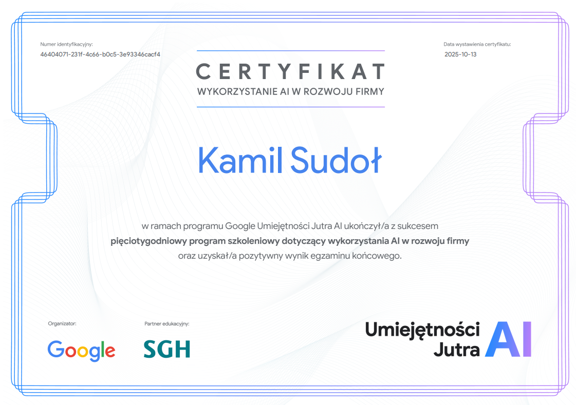 Certyfikat - wykorzystanie AI w rozwoju firmy - Kamil Sudoł