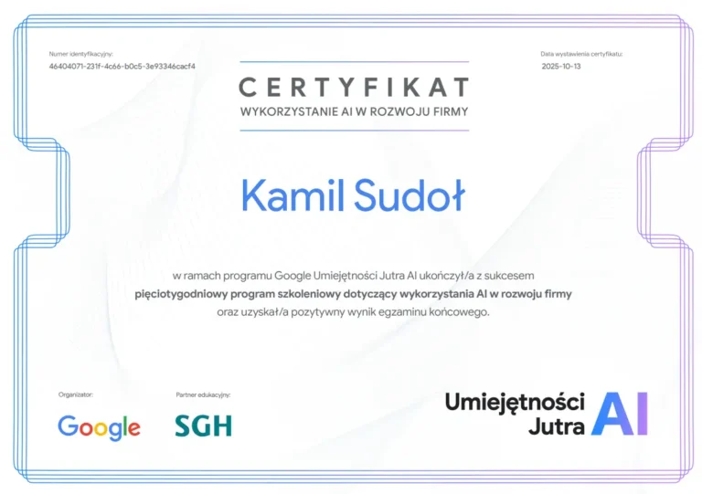 Kamil Sudoł Certyfikat - wykorzystanie AI w rozwoju firmy